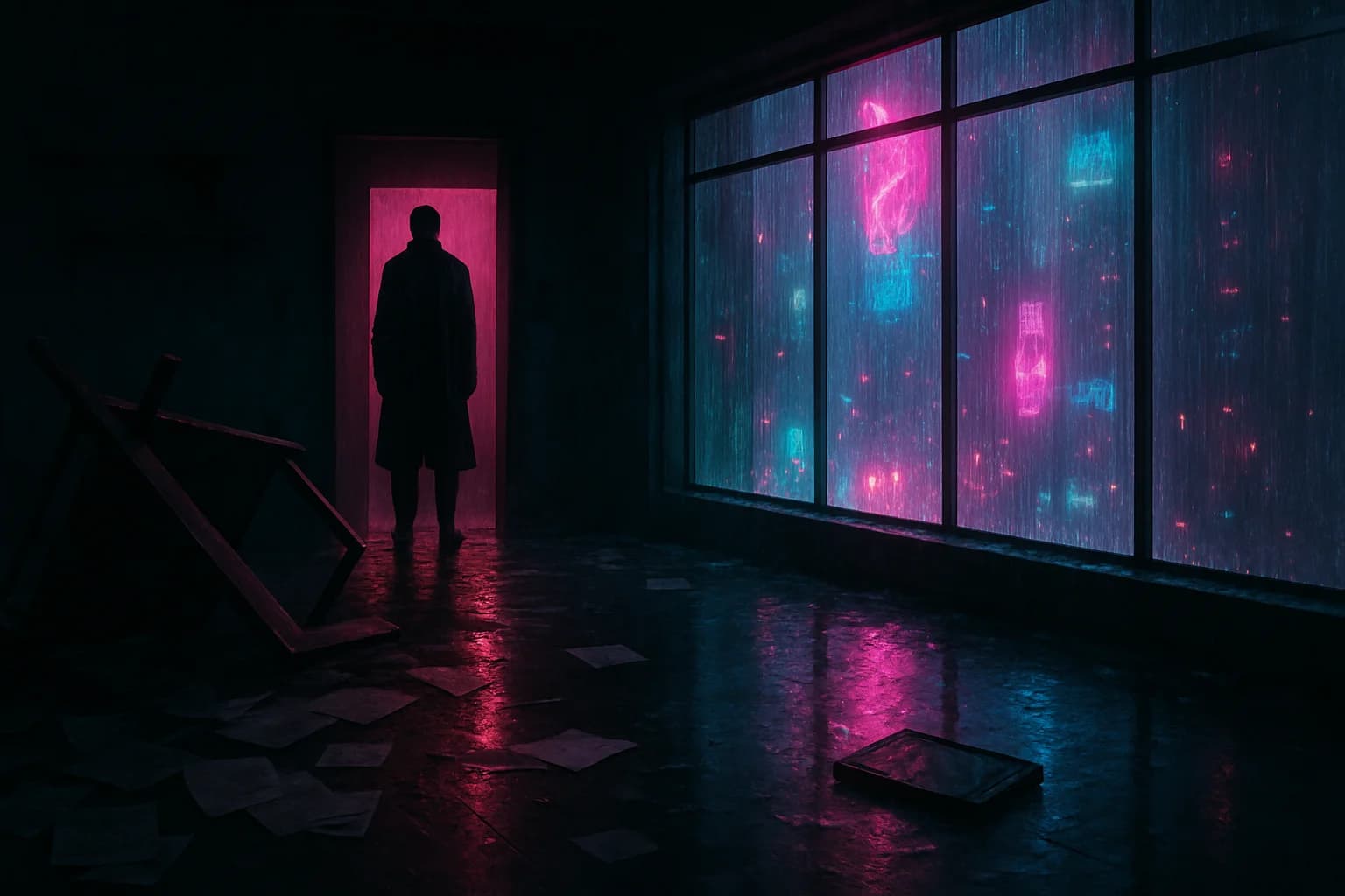 Широкий план разграбленного лофта на 39 этаже: перевёрнутый стол и разбросанные бумаги на переднем плане, в глубине маленький силуэт Кая у открытой двери, справа панорамные окна от пола до потолка с неоновым свечением города сквозь дождь, разбитый датапад на мокром полу